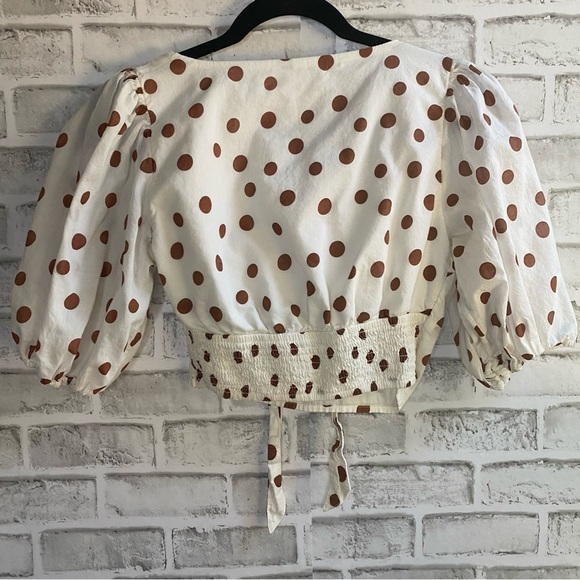 Abercrombie & Fitch White Brown Polka Dot Collar Puff Sleeve Blouse - Picture 4 of 5